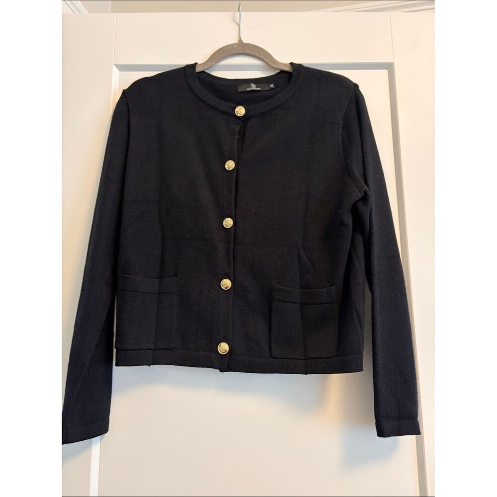 Women's Black Knit Button-Front Cardigan with Gold Buttons